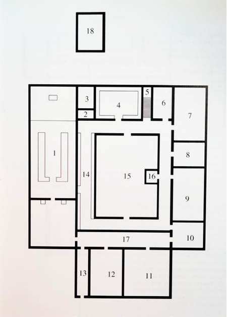 Planta tipo de monasterio cisterciense femenino en los países germánicos, según Sennhauser. 1. Iglesia. 2. Armarium. 3. Sacristía. 4. Sala capitular. 5. Escalera de subida al dormitorio. 6. Paso. 7. Sala de monjas. 8. Calefactorio. 9. Refectorio. 10. Cocina. 11. Refectorio de conversas. 12. Sala capitular de conversas. 13. Puerta reglar y locutorio de la cillera. 14. Claustro. 15. Patio del claustro. 16. Fuente del lavabo. 17. Pasadizo de conversas. 18. Enfermería.