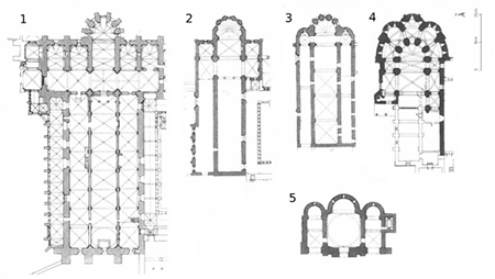 Plantas a escala de las iglesias de tres naves de monasterios cistercienses femeninos de la Corona de Castilla (Corpus de Arquitectura Monástica Medieval UAM). 1. Santa María la Real de Las Huelgas. 2. San Andrés de Arroyo. 3. Santa María de Carrizo. 4. Santa María de Gradefes. 5. Santa María de Gómez Román (La Lugareja).