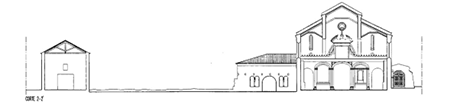 Santa María de Almoster, sección norte-sur del conjunto, con el cierre entre el coro y la cabecera, según Jacinto 1997.