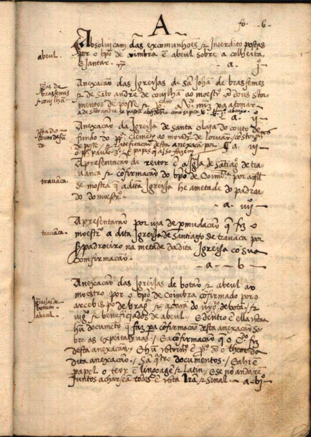 The 1543 inventory: beginning of letter A (ANTT, OC, Mosteiro de Lorvão, Livro 326, f. 5).