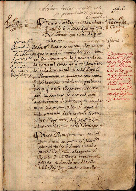 First page of the seventeenth century inventory (ANTT, OC, Mosteiro de Lorvão, Livro 329, f. 1).