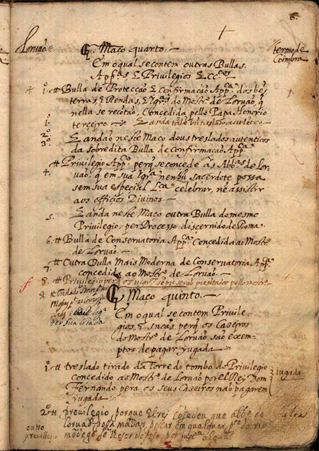Indication of a missing document in the seventeenth century inventory (ANTT, OC, Mosteiro de Lorvão, Livro 329, f. 6).
