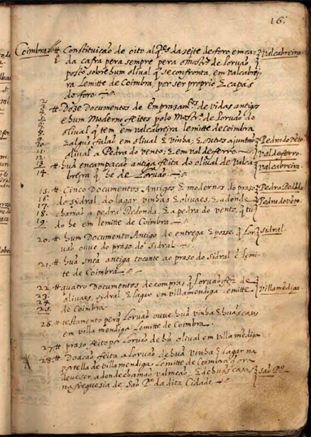 Joint descriptions of several documents in the seventeenth century inventory (ANTT, OC, Mosteiro de Lorvão, Livro 329, f. 16).