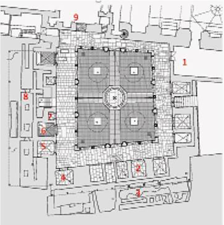 Planta del claustro del monasterio de Lorvão a partir del plano de João Mendes Ribeiro: 1. Sala capitular. 2. Capela dos Passos. 3. Refectorio. 4. Capela del Senhor da Coluna. 5. Capela do Senhor do Calvário. 6. Capela do Senhor no horto. 7. Capela de Santa María Madalena. 8. Dormitorio. 9. Coro.