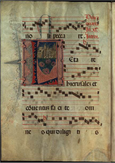 Gradual de Santa María de Lorvão. ANTT/OC/MSML/B/20, f. 8v. Representación de Jerusalén que aparece en el introito de la misa del cuarto domingo de Cuaresma, “Laetare Jerusalem”. © Arquivo Nacional da Torre do Tombo, Lisboa.